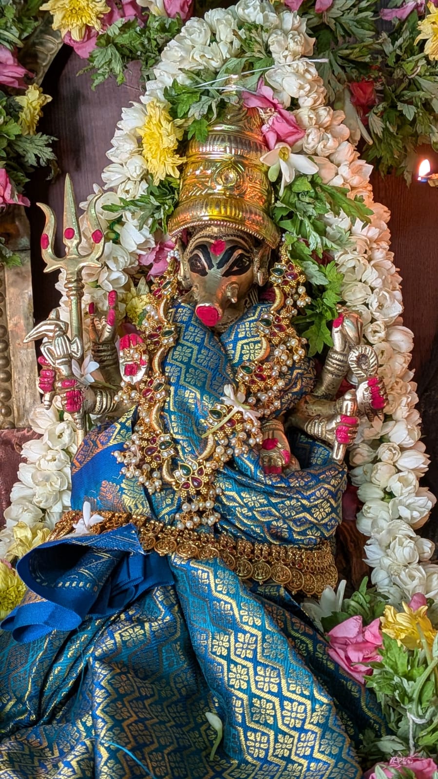 Goddess Varahi murti in a deep blue silk saree on Her throne for Amavasya pooja